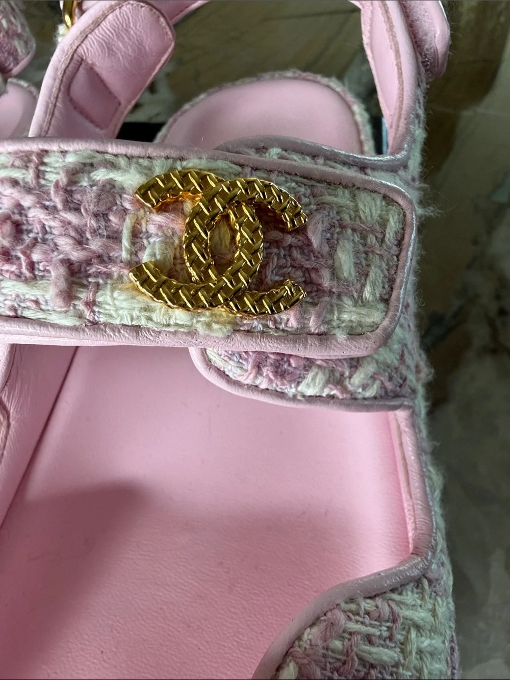CHANEL Pink Tweed Women’s Sandals with Gold CC Buttons.